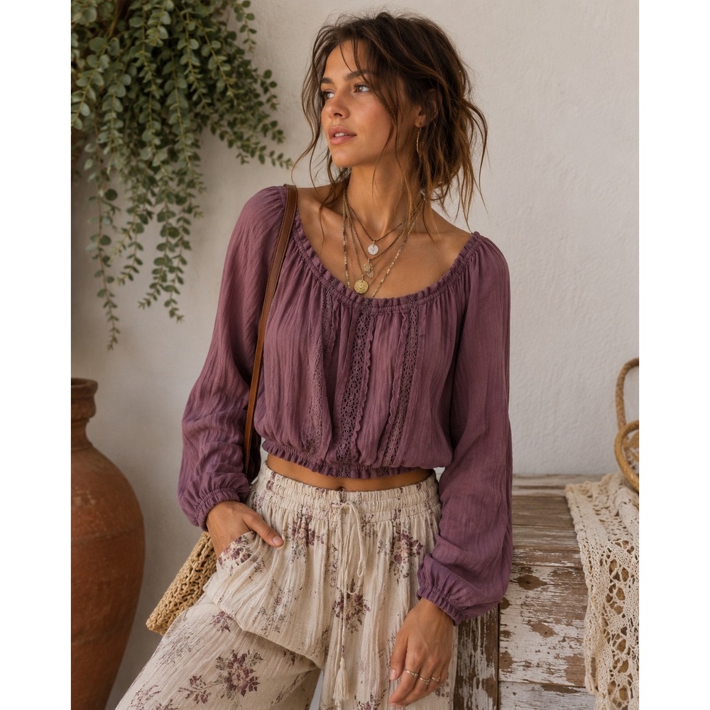 Aeropostale Mauve Purple Lace Crochet Boho Peasant Crop Top Long Sleeve XS